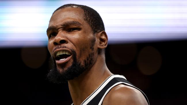 BOSTON, MASSACHUSETTS - APRIL 20: Kevin Durant #7 of the Brooklyn Nets disputes a call during the second quarter of Game Two of the Eastern Conference First Round NBA Playoffs against the Boston Celtics at TD Garden on April 20, 2022 in Boston, Massachusetts. (Photo by Maddie Meyer/Getty Images)