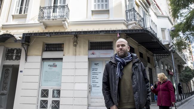 Street magazine <i>Shedia's</i> founder and editor, Christos Alefantis in front of the new Shedia headquarters in Athens, Greece. Picture: News Corp Australia