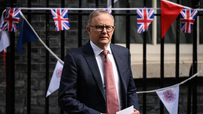 Prime Minister Anthony Albanese outside Number 10 Downing Street in London, on May 5, 2023 following a meeting with Britain's Prime Minister. Picture: Daniel Leal/AFP