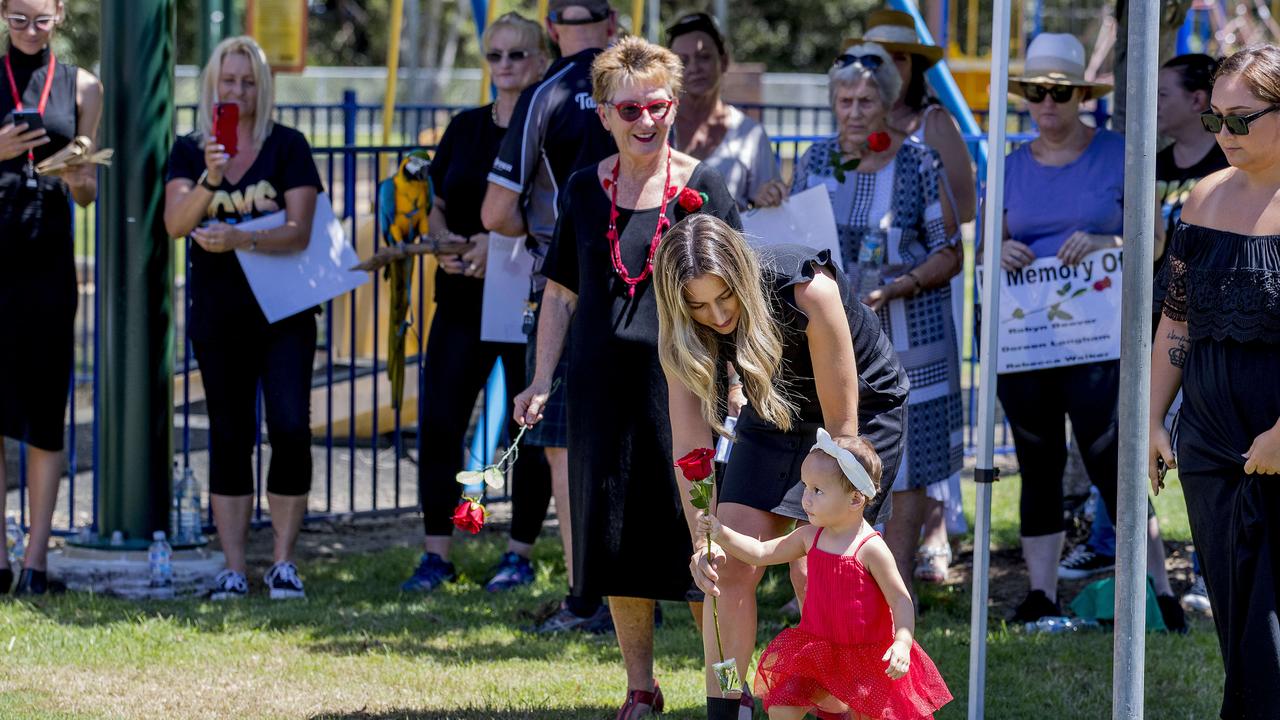 The red Rose DV rally at the DV memorial in Norm Rix park, Labrador. LNP candidate Laura Gerber with Myra Marsh, 18 months. Picture: Jerad Williams