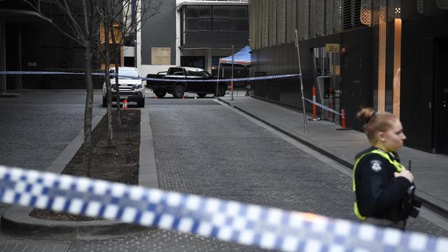 Police at the scene of a fatal overnight shooting on Almeida Crescent in South Yarra. Picture: Andrew Henshaw