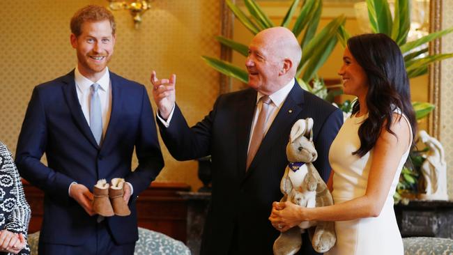 Harry and Meghan (far right) with Governor-general Peter Cosgrove at Admiralty House on October 16, 2018. Picture: Getty Images