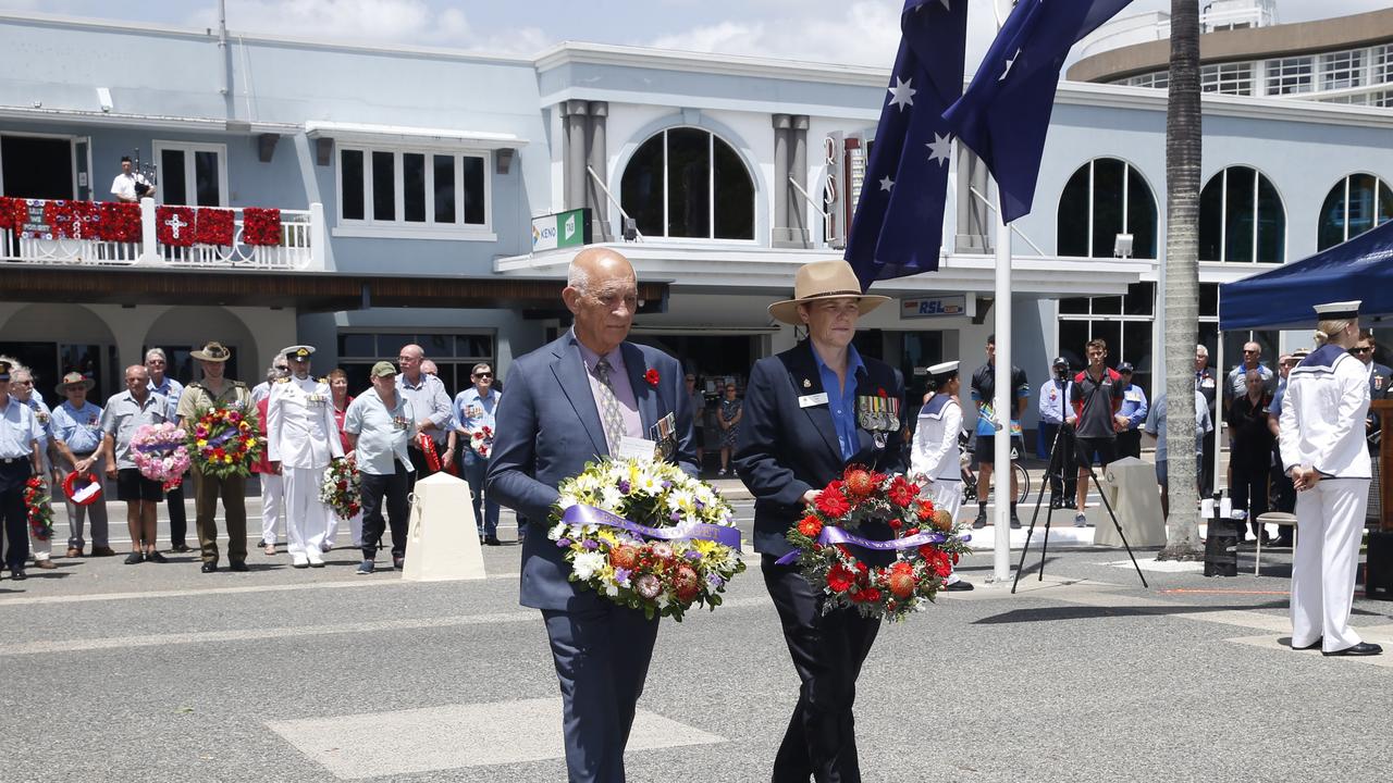 Cairns Mayor Bob Manning and Cairns RSL Sub Branch President Kirsten Rice lay wreaths at the Remembrance Day commemorations at the Cairns Cenotaph PICTURE: ANNA ROGERS