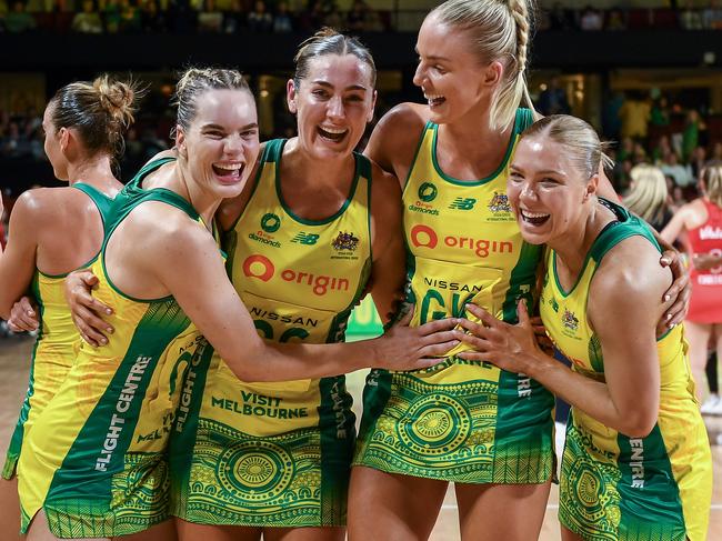 The Diamonds celebrate their game one win over the England Roses. Picture: Mark Brake/Getty Images