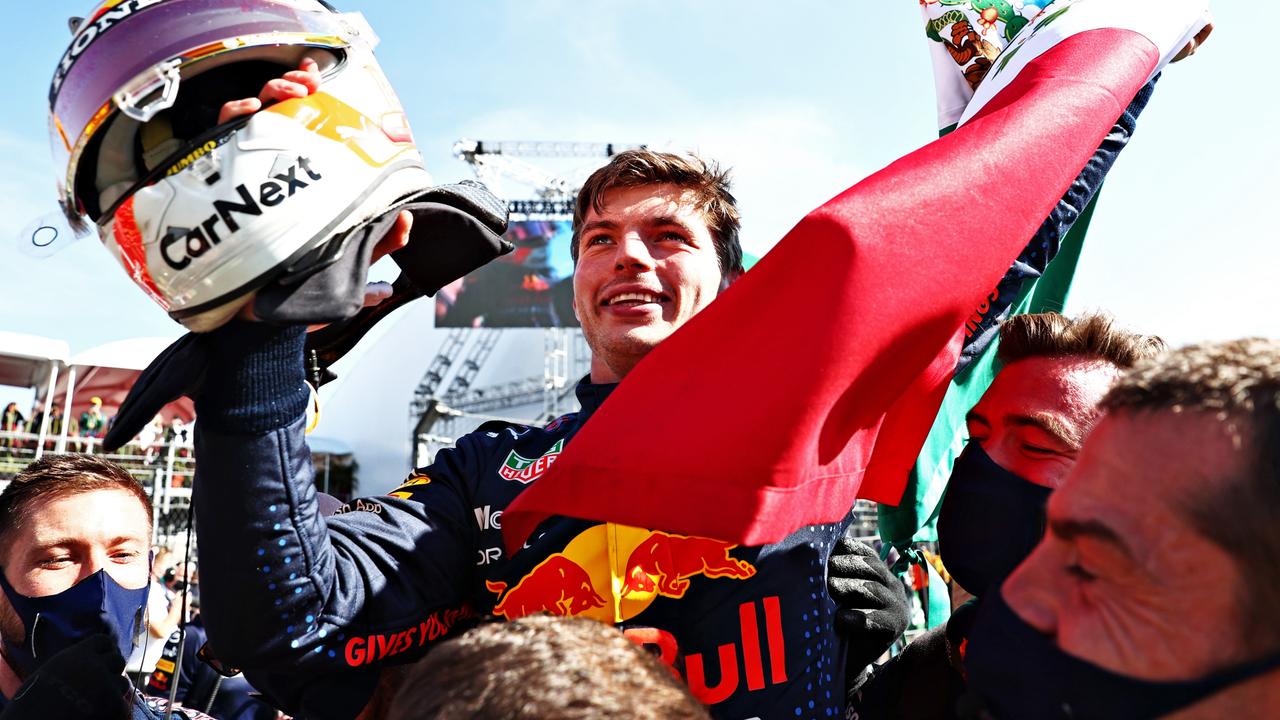 MEXICO CITY, MEXICO - NOVEMBER 07: Race winner Max Verstappen of Netherlands and Red Bull Racing celebrates in parc ferme during the F1 Grand Prix of Mexico at Autodromo Hermanos Rodriguez on November 07, 2021 in Mexico City, Mexico. (Photo by Mark Thompson/Getty Images)