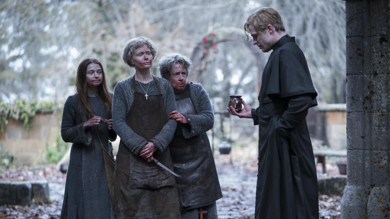 Jessica Barden, Essie Davis, Ann Dowd and Sam Reid in a scene from the TV series Lambs of God. Supplied by Foxtel.