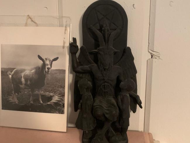 The Baphomet was found behind a dead bird in a plastic bag. Picture: @FredTJoseph