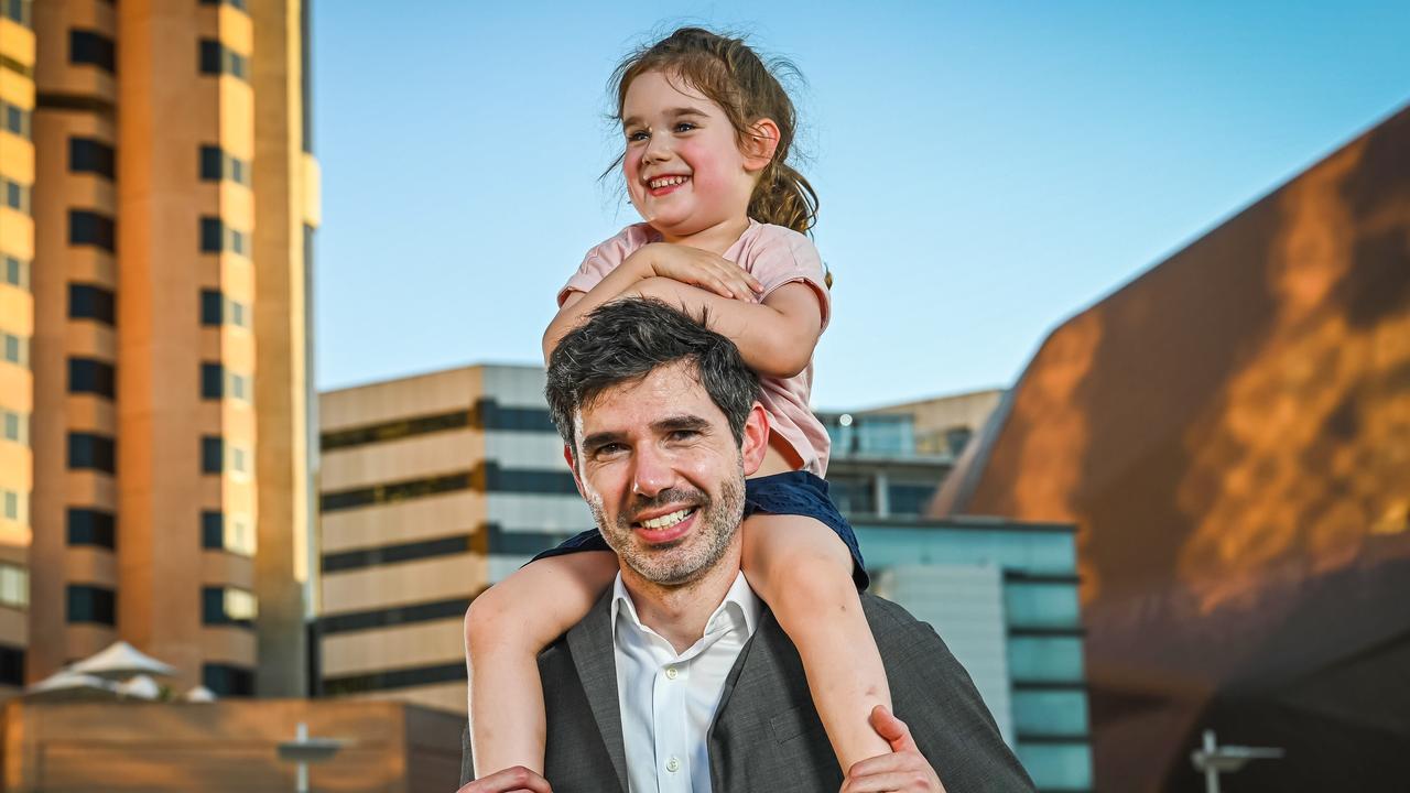 Yevgeniy Beylkin moved to Adelaide from London and is excited at the opportunities here for his daughter Isla, 4. Picture: Naomi Jellicoe