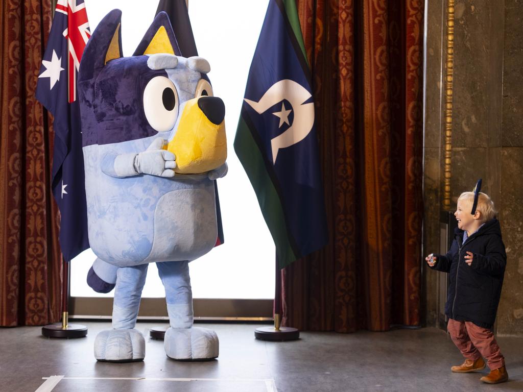 Sullivan Dry, 3, celebrates with Bluey at Australia House in London as the animated character is presented with the first Special Recognition Award for Cultural Impact across the UK and the World. Picture: David Parry / PA Media Assignments.