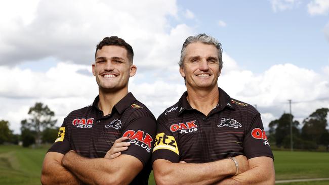 DAILY TELEGRAPH APRIL 13. Penrith Panthers coach Ivan Cleary and son Nathan Cleary have both signed with the club until the end of the 2027 season. Pictured at the Panthers Rugby League Academy after the announcement. Picture: Jonathan Ng