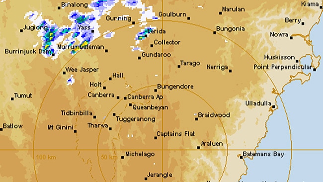 The rainfall radar for Canberra and surrounds at 9.30am this morning. Picture: Bureau of Meteorology