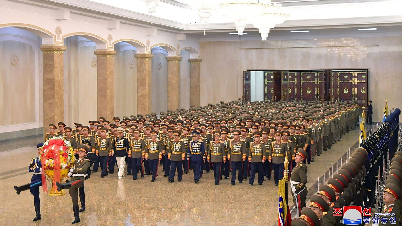 North Korea's Defence Minister Kang Sun Nam (front centre), with Military Chief of the General Staff Ri Yong Gil (6th L) and other military leaders. Picture: KCNA via KNS/AFP