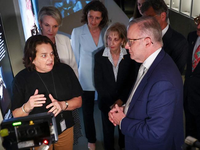 Prime Minister Anthony Albanese reacts as he is shown exhibits at the Sydney Jewish Museum. Mr Albanese in a social media statement on social media said “I stand with the Jewish community and unequivocally condemn this attack”, but David Ossip believes Australia’s leader should have acted sooner to curb the swell of anti-Semitism. Picture: David Gray/AFP