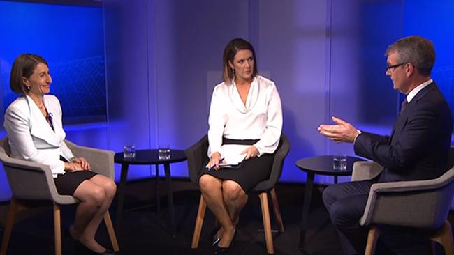 Premier Gladys Berejiklian (left), moderator Brigid Glanville and Opposition Leader Michael Daley during the debate. Picture: ABC