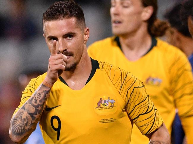 Socceroos striker Jamie Maclaren scored a hat trick against Nepal. Picture: AFP