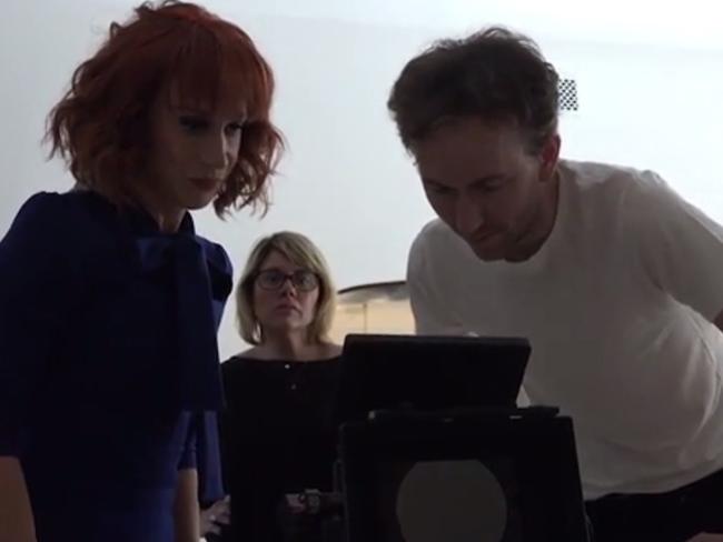 Kathy Griffin and photographer Tyler Shields look at images of the controversial photoshoot. Picture: Thler Shields