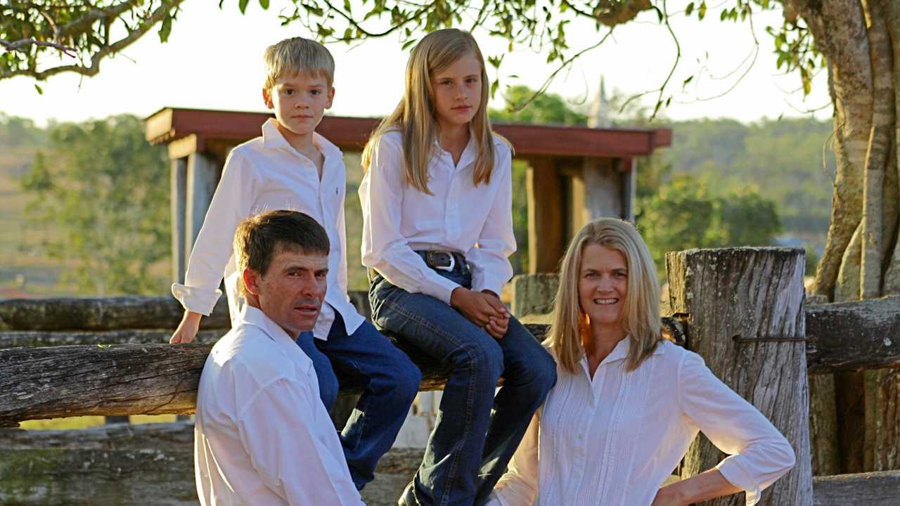 Craig and Latisha Mace with their two children on their property which has been in the family for 90 years. Picture: Toorilla Plains