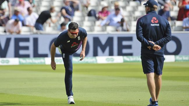 England paceman James Anderson stretches before play. Picture: AP