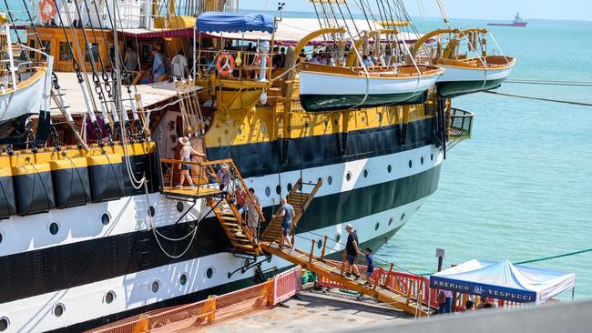 Italian navy training ship Amerigo Vespucci has docked in Darwin, with a welcoming ceremony to mark the ships first return to Australia in more than 20 years. Picture: Supplied.