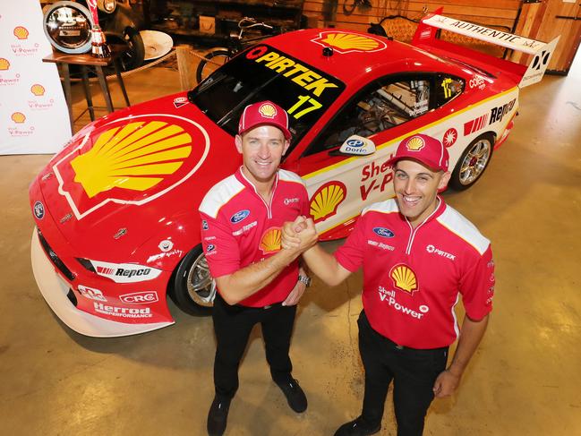 Will Davison and Anton De Pasquale with the Shell team’s new 2021 Ford Mustang GT supercar. Picture: Glenn Hampson