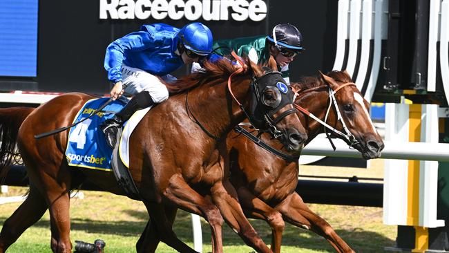 MELBOURNE, AUSTRALIA - FEBRUARY 22: Michael Dee riding Devil Night defeats Damian Lane riding Tentyris in Race 8, the Sportsbet Blue Diamond Stakes during Melbourne Racing at Caulfield Racecourse on February 22, 2025 in Melbourne, Australia. (Photo by Vince Caligiuri/Getty Images)