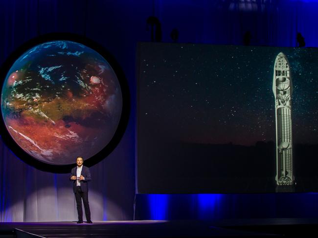 Tesla Motors CEO Elon Musk speaks about the Interplanetary Transport System which aims to reach Mars with the first human crew in history. Picture: Hector-Guerrero