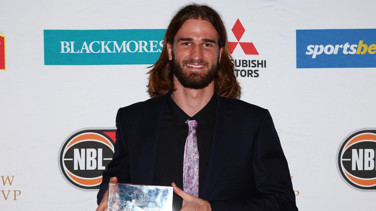 Sam Froling of the Hawks poses after winning the NBL24 Next Generation Award on Monday night. Picture: Getty Images