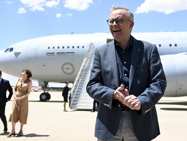 FEES APPLY..Australian Prime Minister Anthony Albanese speaks to the media after arriving at Torrejon Airbase for the Nato LeadersÃ¢â‚¬â„¢ Summit in Madrid, Spain, Monday, June 27, 2022. Australian Prime Minister Anthony Albanese will join leaders of Japan, South Korea, and New Zealand for a Nato LeadersÃ¢â‚¬â„¢ Summit in Spain, before flying to France in a bid to repair the relationship with French President Emmanuel Macron.Ã‚Â (AAP Image/Lukas Coch) NO ARCHIVING