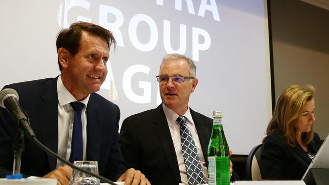 Mantra CEO Bob East and board member David Gibson at the AGM. (AAP Image/Claudia Baxter