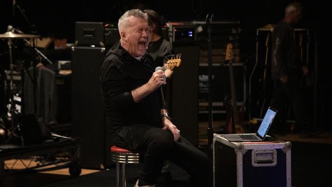 Jimmy Barnes rehearses with the other members of Australian rock band Cold Chisel at Trackdown Studios in Sydney ahead of its national tour, The Big Five-0. Picture: Robert Hambling.