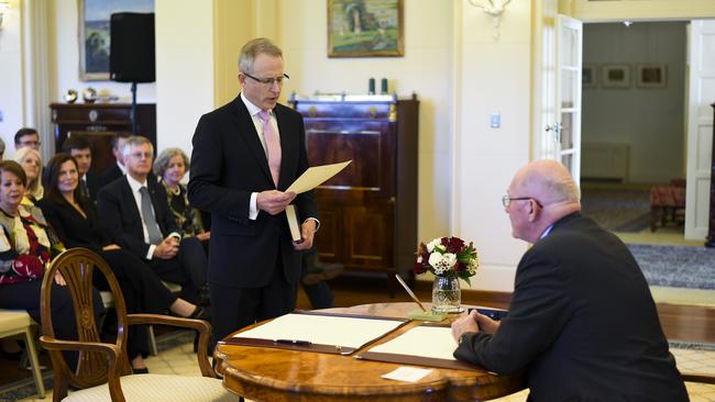 Paul Fletcher MP is being sworn-in as Australian Families Minister during a ceremony at Government House in Canberra, Tuesday, August 28, 2018. (AAP Image/Lukas Coch)