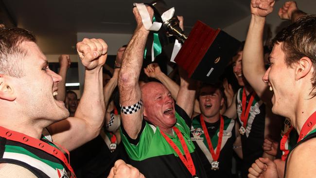 Donvale coach Kevin Collins with the 2023 Division 3 cup. Picture: Davis Harrigan