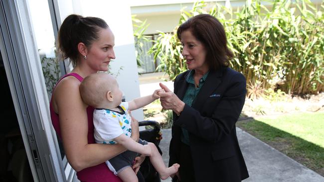 Taryn Collins and baby Vincent with Mary Williams, who founded the Brisbane Centre for Post Natal Disorders. Picture: David Kelly