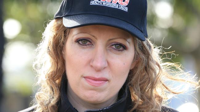 Health Workers Union Secretary Diana Asmar at the union rally over 100 job losses at Barwon Health's in-house laundry. Picture: Peter Ristevski