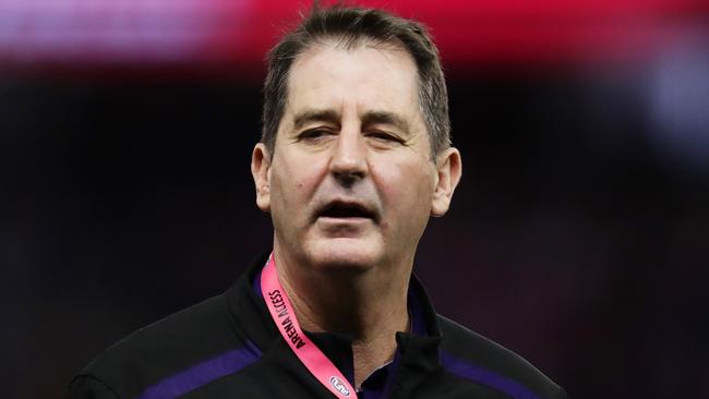 MELBOURNE, AUSTRALIA - JULY 28: Dockers head coach Ross Lyon looks on during the round 19 AFL match between the Western Bulldogs and the Fremantle Dockers at Marvel Stadium on July 28, 2019 in Melbourne, Australia. (Photo by Matt King/Getty Images)