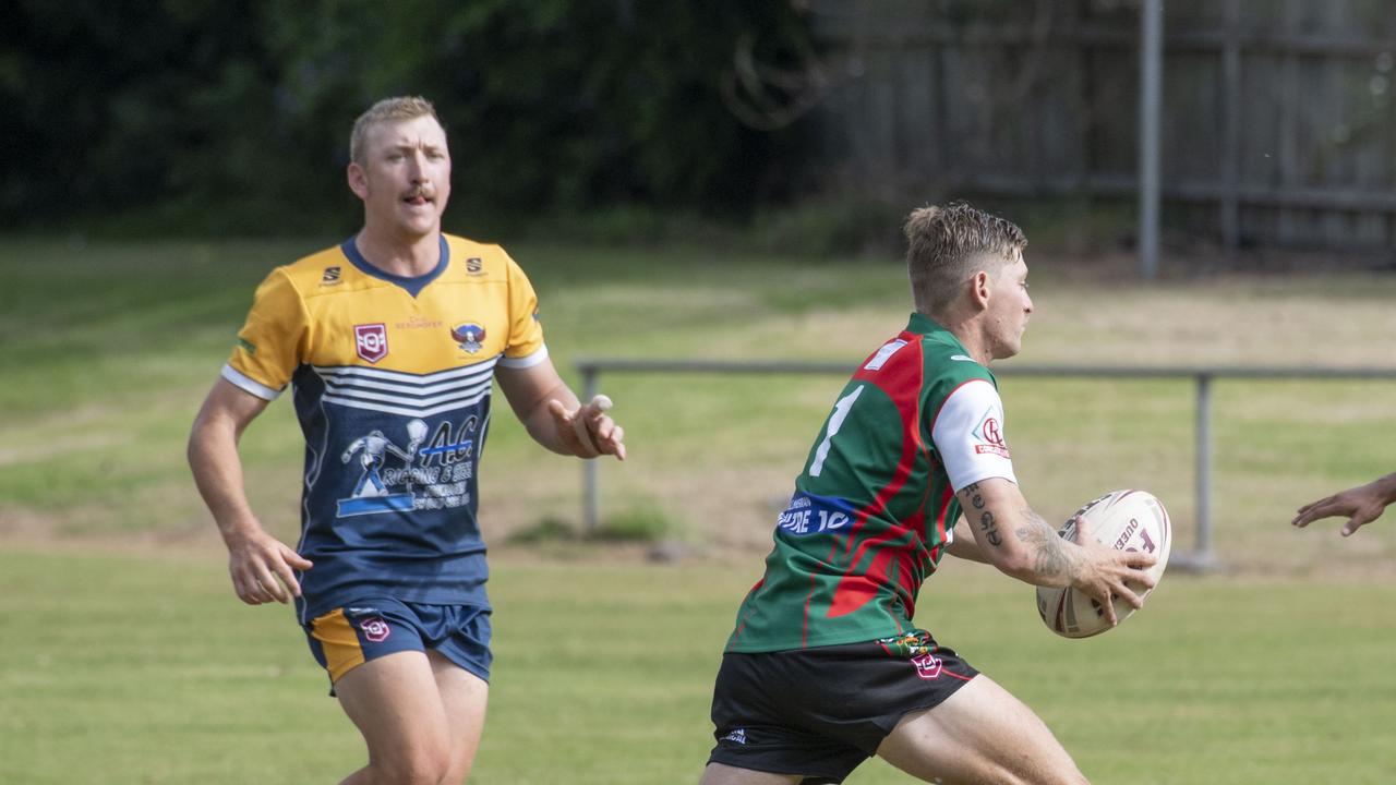 Pittsworth’s Brenton Clement evades the Highfields defence. Picture: Nev Madsen.