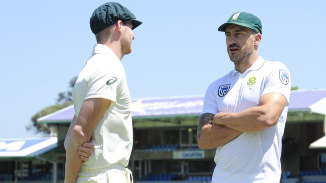 Steve Smith and Faf du Plessis at the Kingsmead ground ahead of the first Test. Picture: Getty