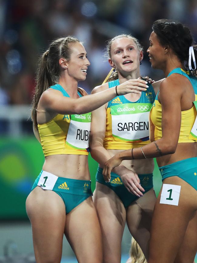 Annelise Rubie, Caitlin Sargent and Morgan Mitchell celebrate.  Picture. Phil Hillyard