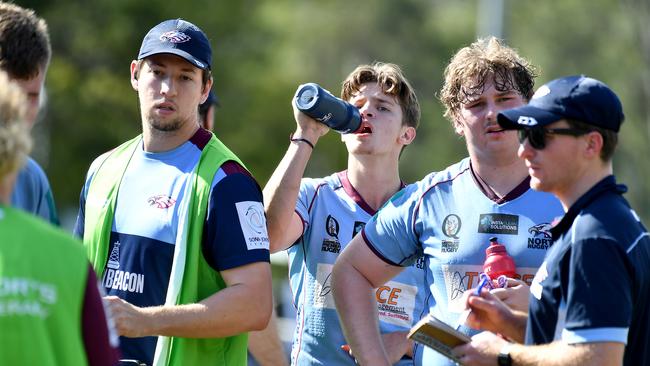 Norths coach and players at half time earlier in the season.. Picture, John Gass