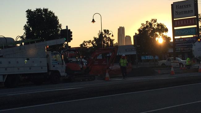 A burst water main at Bundall this morning. Picture: Jess Elder