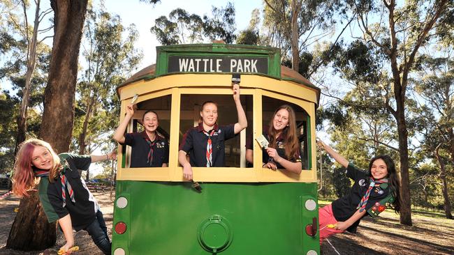 Bennettswood Venturers from left Sarah, Georgie, Lauren, Ashleigh and Kylara on the Wattle Park tram.