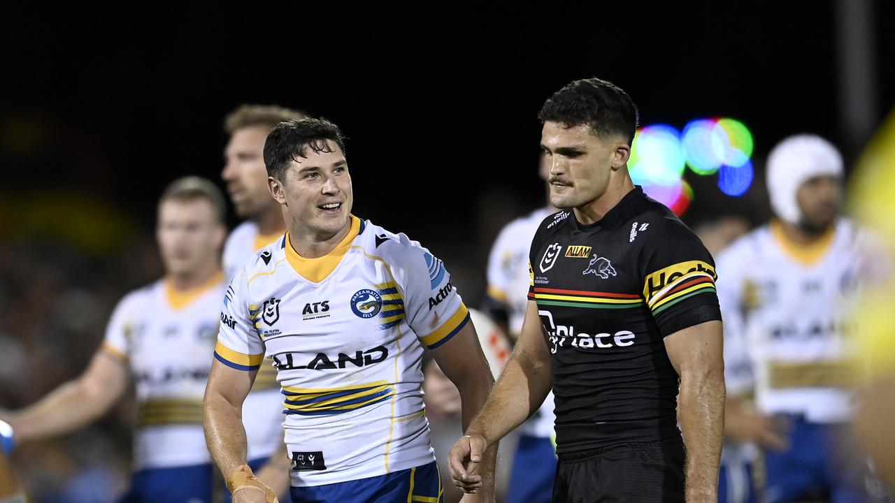 Mitchell Moses is clearly not 100% fit, managing just six runs as he nurses a groin injury. Picture: NRL Imagery