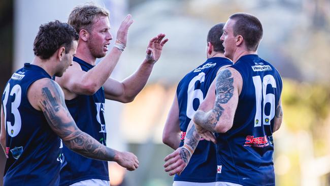 Brayden Pitcher, Jack Donnellan, Michael Musicka and Dylan Riley celebrate another Launceston win. Picture: Linda Higginson