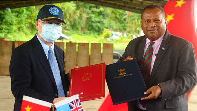 Chinese Ambassador to Fiji Qian Bo and Minister for Defence, National Security and Foreign Affairs Inia Seruiratu during the handover ceremony of 47 military vehicles from the Chinese Government at the Queen Elizabeth Barracks, Nabuni Camp. Photo: Republic of Fiji Military Forces