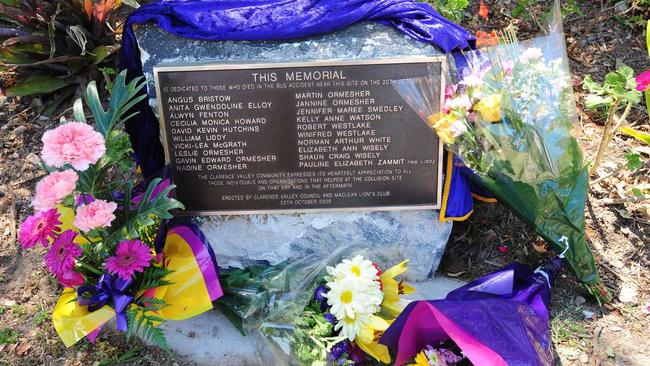 A Pacific Highway roadside plaque marks where the Cowper Bus crash occurred on October 20, 1989. . Picture: Adam Hourigan