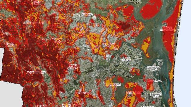 Large chunks of the city’s north are within 100m of bushfire hazards.