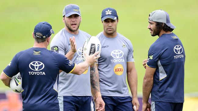 Head Coach Paul Green, Kyle Feldt, Justin O'Neill, Johnathan Thurston, training at 1300SMILES Stadium in Townsville ahead of their finals match against the Melbourne Storm. Picture: Wesley Monts