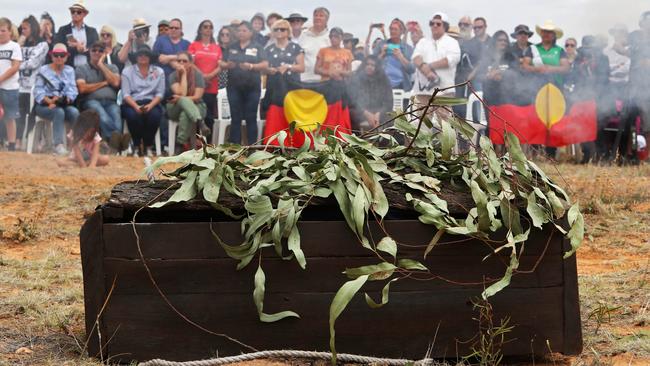 The remains of Mungo Man at a ceremony in Mungo National Park in southwestern NSW in 2017. Picture: Aaron Francis