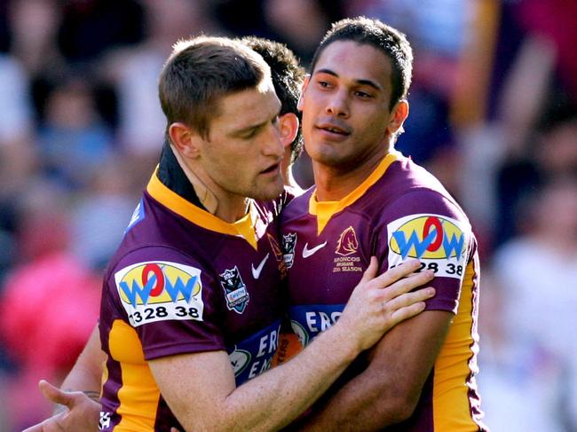 NRL-Round 11- Broncos v Knights @ Suncorp Stadium.Justin Hodges congratulates Brent Tate during the Broncos victory 71-6 over Newcastle.