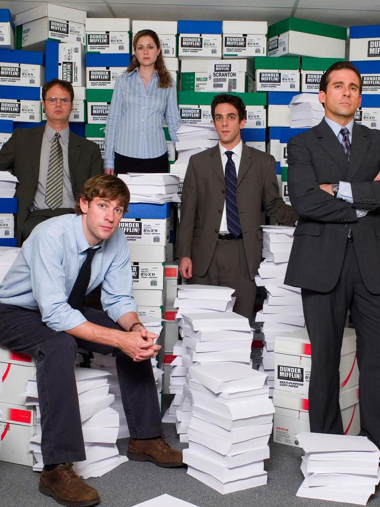 Office cast members: John Krasinski as Jim Halpert, Rainn Wilson as Dwight Schrute, Jenna Fischer as Pam Beesly, B.J. Novak as Ryan Howard, Steve Carell as Michael Scott. Picture: NBC/Mitchell Haaseth